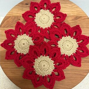 Handmade Red and Cream Crochet Coasters  Set of 4